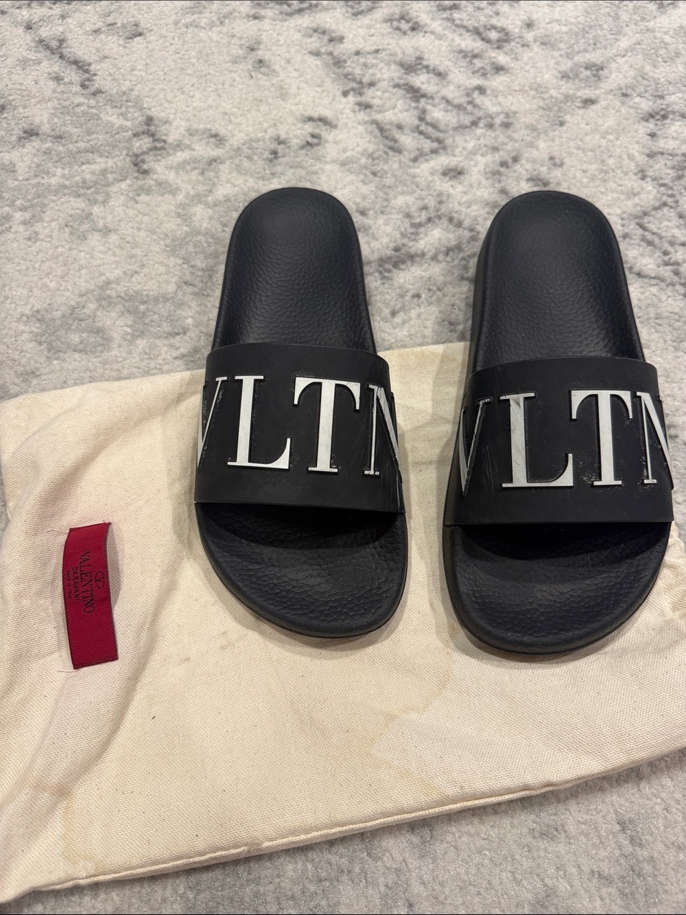 Valentino Black Rubber Slide Sandals with White Logo Accent